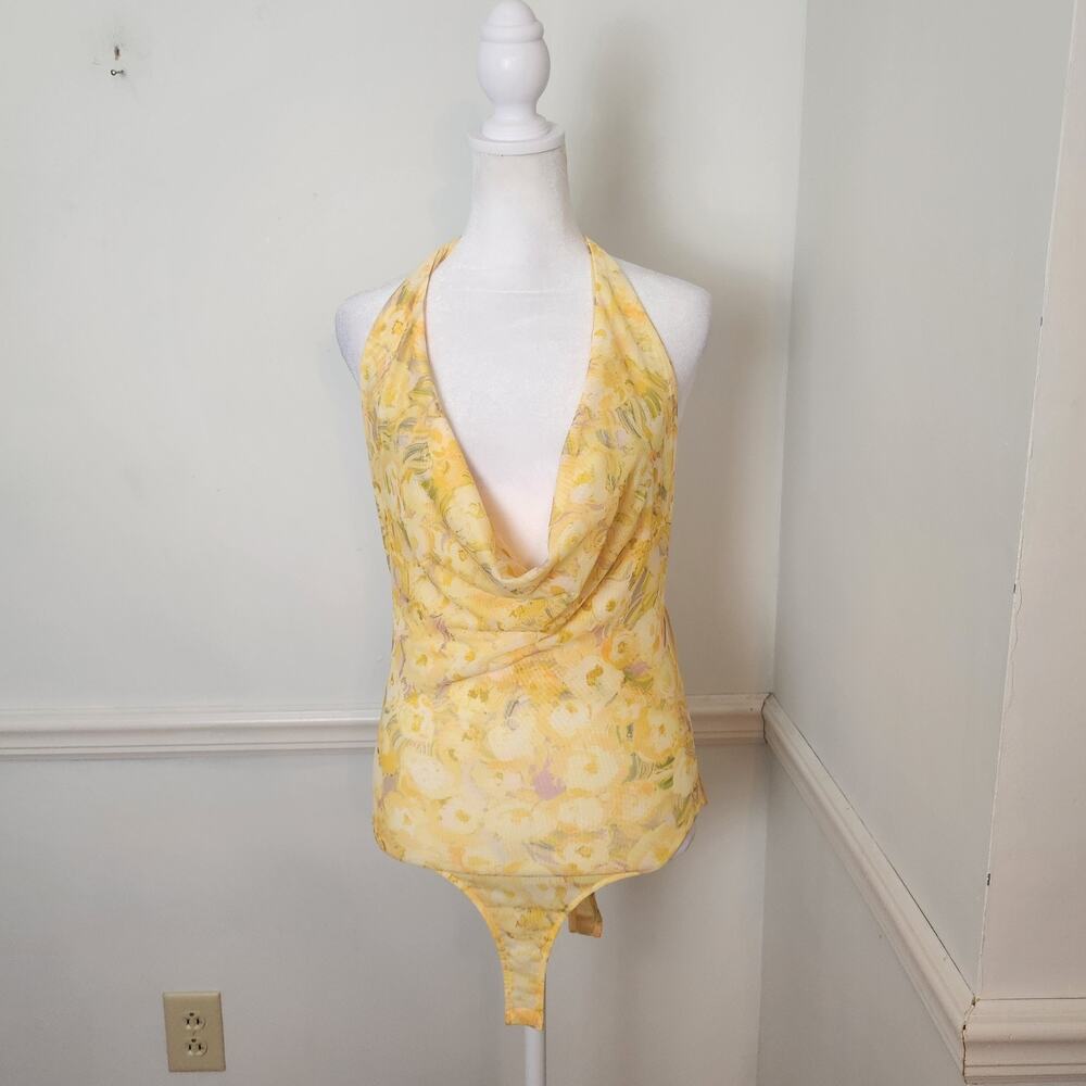 New Zara Bodysuit Top Size Medium Tulle Yellow Womens Mesh Deep Cowl Neck Fairy